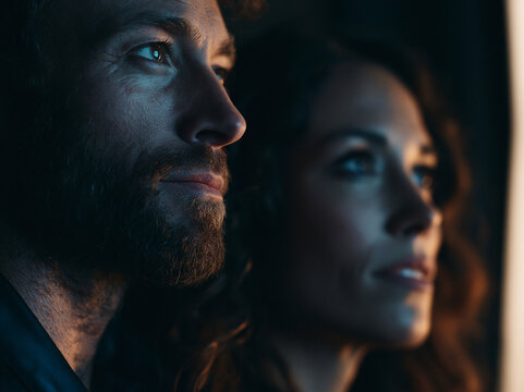 Thoughtful Couple Looking Ahead with Dramatic Cinematic Lighting