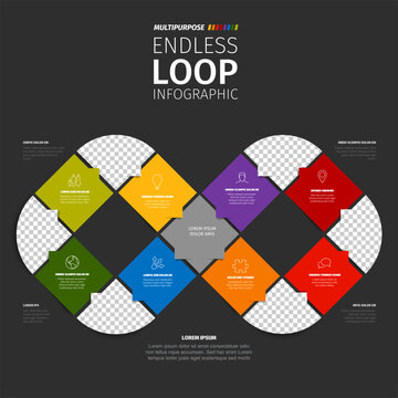 This endless loop infographic template features a dark background. Use this endless loop infographic with colorful diagram sections for your business presentations.