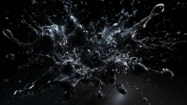 Water Splash and Droplets on Black Background
