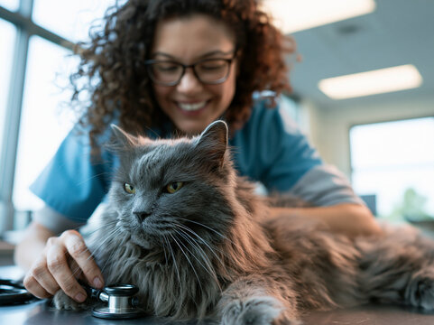 Veterinarian Examining Gray Cat with Stethoscope in Clinic