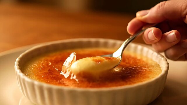 Close-up of a spoon breaking the caramelized sugar crust of a cr&egrave;me br&ucirc;l&eacute;e dessert