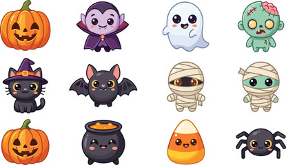 Obraz premium Kawaii Halloween character collection featuring cute pumpkin ghost vampire mummy and monster icons for stickers and festive holiday decor