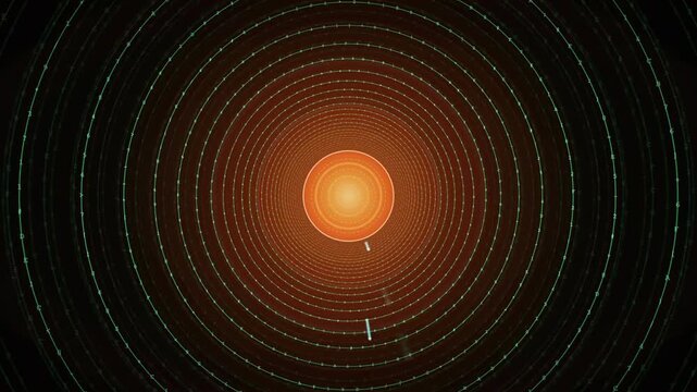 Abstract futuristic digital interface with glowing orange core and rotating concentric green data rings