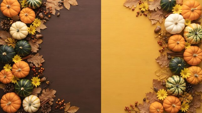 Autumn pumpkin and leaf frame on dual tone background