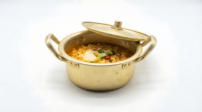Savory Asian Instant Noodle Dish with Garnish in a Classic Metallic Ramyeon Pot.
