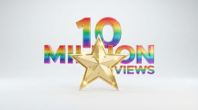 Golden 3D star celebrating 10 million views milestone with vibrant rainbow number text