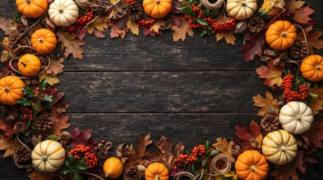 Autumn pumpkin and berry frame on dark wood