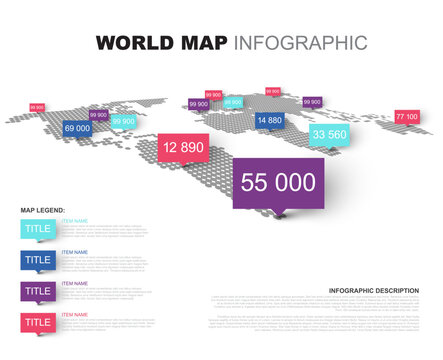 This world map infographic features a modern 3D map representation with colorful pins for data display. Customize this world map infographic template with your custom statistics.