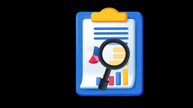 Animated 3D audit report with clipboard, charts and magnifying glass, seamless loop with alpha channel for business, finance and inspection projects