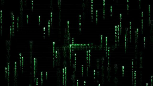 Abstract digital rain of green binary code and characters falling on black background