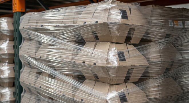 Stacked Cardboard Boxes Protected by Clear Plastic Shrink Wrap on a Warehouse Pallet