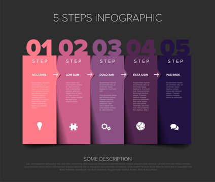 This professional infographic template displays five colorful steps for workflows. Use this five steps infographic template to design a clean corporate process presentation.