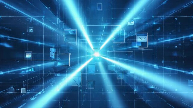 Futuristic Digital Network Interface with Connected Data Nodes Light Beams and Technology Grid