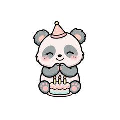 Cute giant panda making a birthday wish in front of a cake with three candles wearing party hat, kawaii animal character illustration isolated on transparent background © KPS Creative Studio