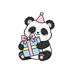Cute giant panda holding a blue polka dot gift box wearing party hat, kawaii animal character illustration isolated on transparent background © KPS Creative Studio