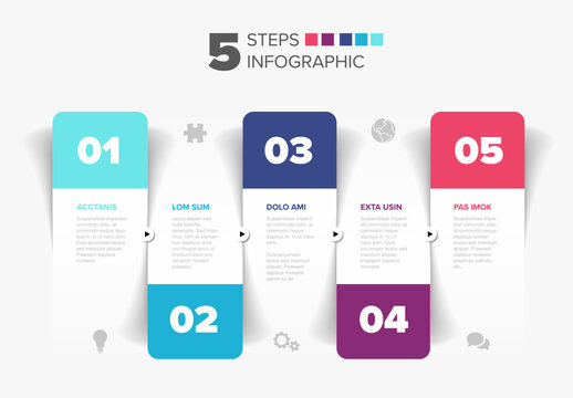 Professional 5 steps infographic template for process visualization. This 5 steps infographic features colorful banners to display five distinct stages of a business project or workflow.