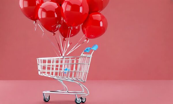 3D Shopping Cart with Red Heart Balloons Representing Romantic Shopping Gifts Valentine Celebration and Retail Promotion