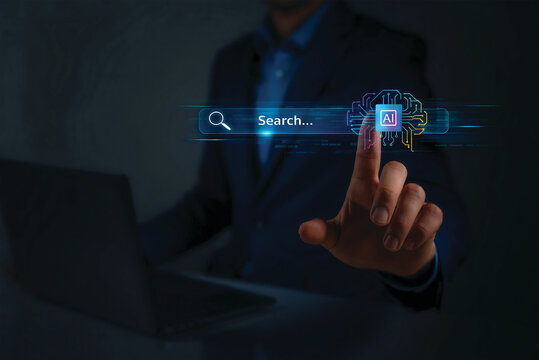 Answer engine optimization AEO concept with hand pointing on search bar referring to searching for information on the internet with AI assistance.