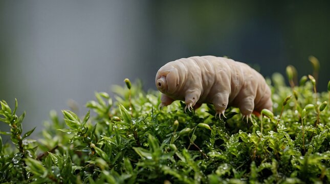 A close-up shot of a tardigrade, also known as a water bear, walking on vibrant green moss in its natural habitat.