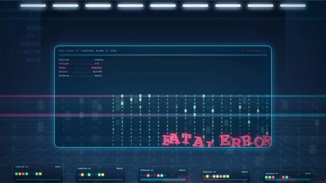 Digital screen displaying system failure with red fatal error warning and glitching data interface