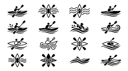 Black and white kayaking and paddling icons set. © sri mukti