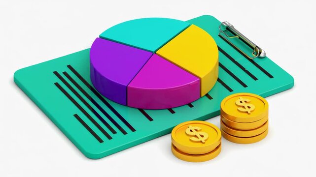 Colorful 3D Pie Chart on Clipboard with Gold Coins Representing Financial Analysis Budgeting Data Statistics and Business Planning