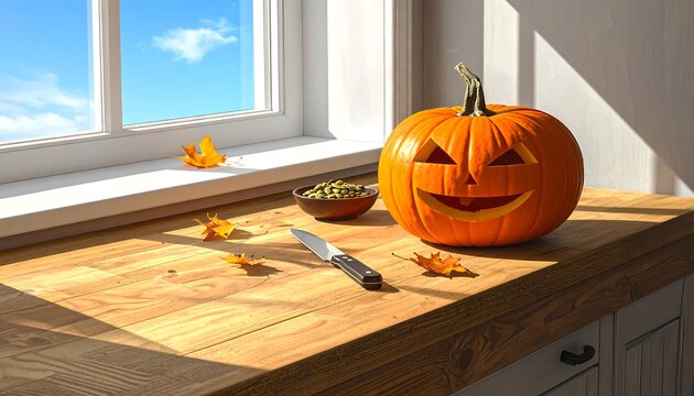 Wooden Kitchen Counter Featuring A Large Jack O Lantern