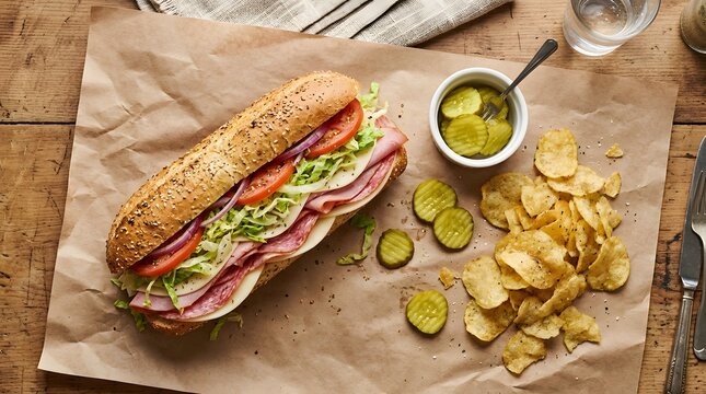Fresh italian hoagie sandwich with deli meats, vegetables, and potato chips on rustic paper perfect for national eat a hoagie day
