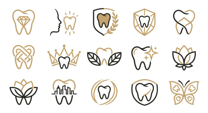 Dental and Medical Icon Set with Gold and Black Designs.