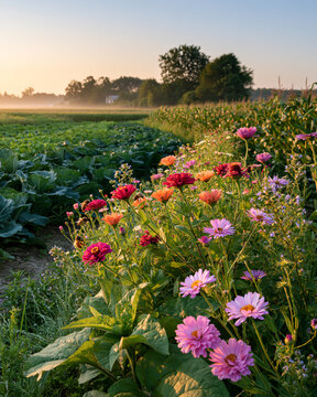 Flowering field margins supporting pollinators beside agricultural crops