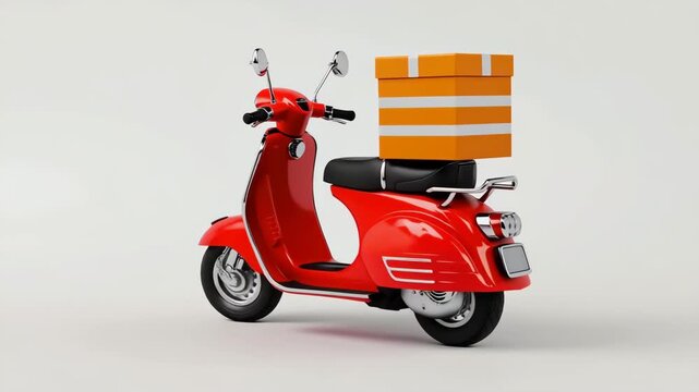Red Delivery Scooter Carrying a Package for Courier, E-commerce, Logistics and Urban Delivery Services