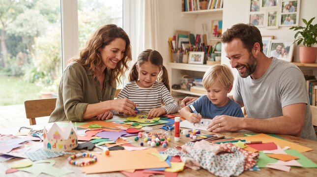 Happy young family with two children sitting around a wooden table doing arts and crafts together at home.