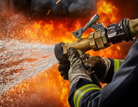 Firefighter Holding Brass Hose Spraying Water on Intense Fire
