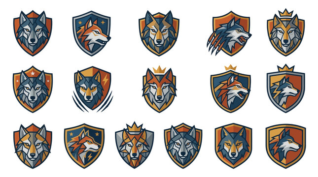 Colorful Wolf Head Shield Emblems Collection.