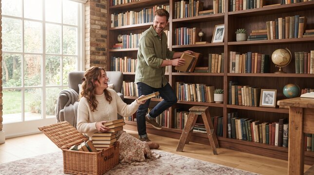 Happy couple sorting books and organizing a large wooden bookshelf in a bright, cozy home library.