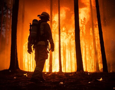 Wildland Firefighter Walking Into A Forest Fire