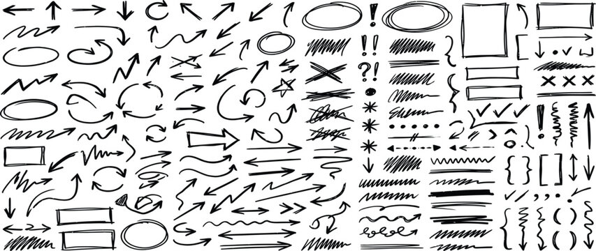 Hand drawn doodle elements set with arrows stars hearts speech bubbles and symbols on white background, perfect for creative design projects, graphic presentations and social media marketing