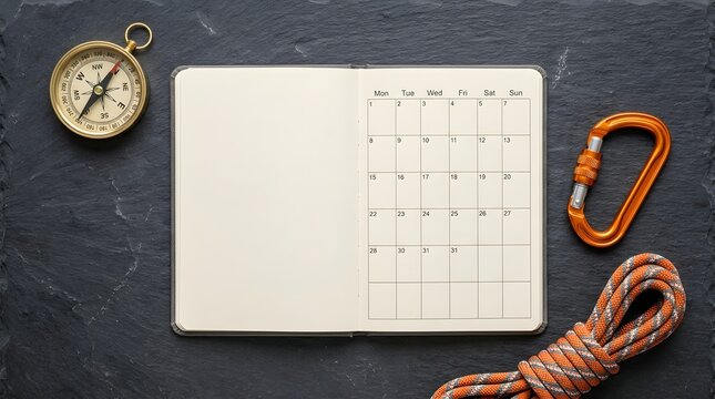 Open calendar notebook lies flat on a dark textured slate background alongside a brass compass, orange climbing rope, and a carabiner.