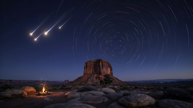 Stunning starry night over majestic desert monolith with luminous shooting stars, circular star trails, and warm glowing campfire for travel and astronomy design.