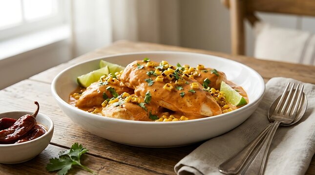 Roasted chicken breast with corn and herbs in a white bowl on a wooden table. Chipotle chicken recipe