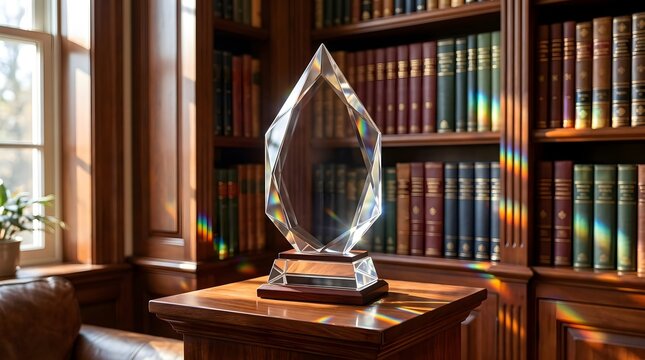 Elegant crystal award trophy on a polished wooden pedestal with rainbow prism light refractions in a classic library setting, symbol of academic achievement and corporate success, ideal for