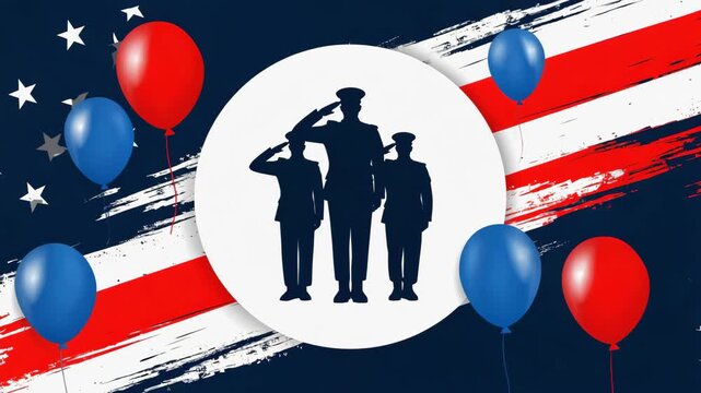 Military Personnel Silhouettes Saluting with American Flag, Stars and Balloons for Patriotic Commemoration