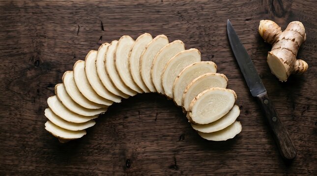 Fresh ginger slices arranged in an arc with a knife on wooden background