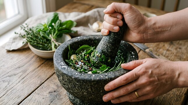 Hands crushing fresh green herbs in a stone mortar and pestle on a rustic wooden table perfect for national food is medicine day