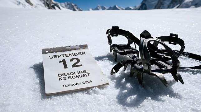 Crampons and a calendar page marking a K2 summit deadline lie on bright, sparkling snow under a clear blue sky.