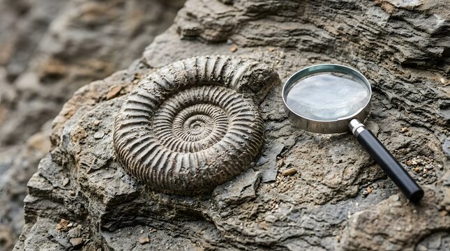 Prehistoric ammonite fossil is showcased on a rugged cliffside rock next to a black-handled magnifying glass.