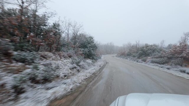 Moving along a winding rural road through snow covered woodland during steady winter snowfall