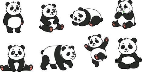 Kawaii panda bear character mascot set in various cute daily poses flat vector illustration isolated © Dizzyme