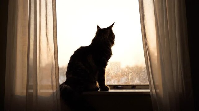 Silhouette of a majestic Maine Coon cat sitting on windowsill and looking out window at dawn light, cinematic shot.