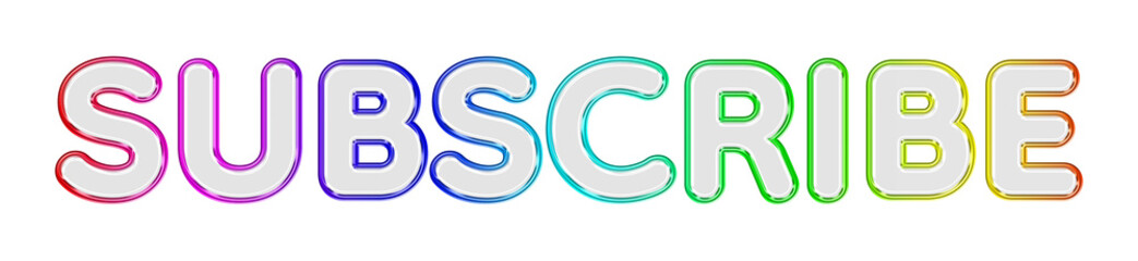 Subscribe 3D Glass Typography with Multicolor Rainbow Metallic Border, Transparent Glossy Glass Text Effect, Vibrant Gradient Chrome Outline, Colorful Futuristic Social Media Subscription Text Element © Soapbeer
